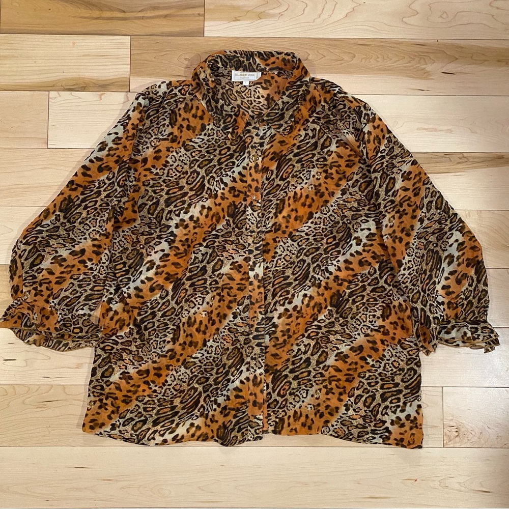 Vintage Leopard Print Button-Up Sheer Blouse Retro Chic Y2K